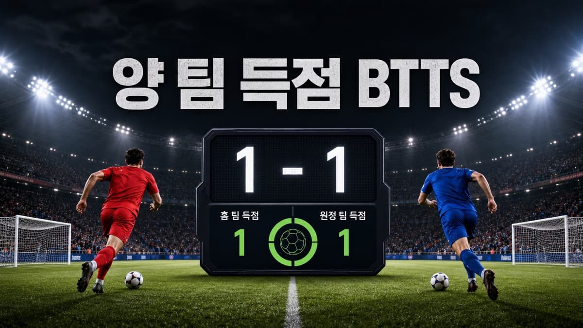 양 팀 득점 BTTS를 나타내는 1대1 축구 점수판과 두 선수