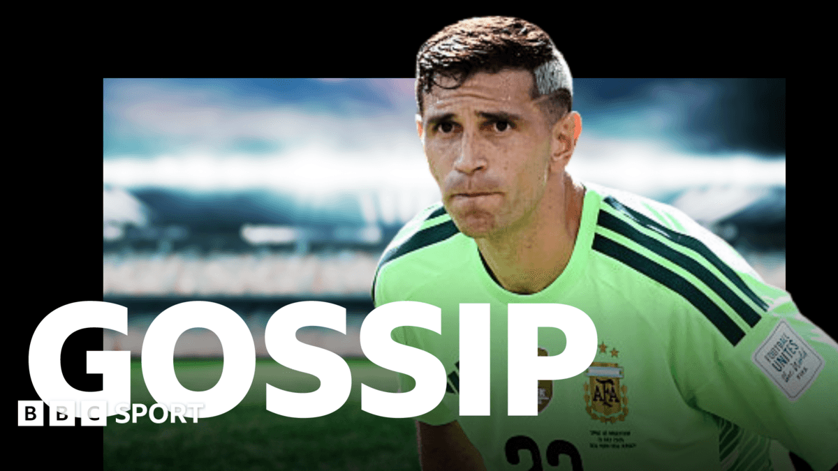 BBC Sport Gossip graphic featuring an image of Emiliano Martinez playing for Argentina