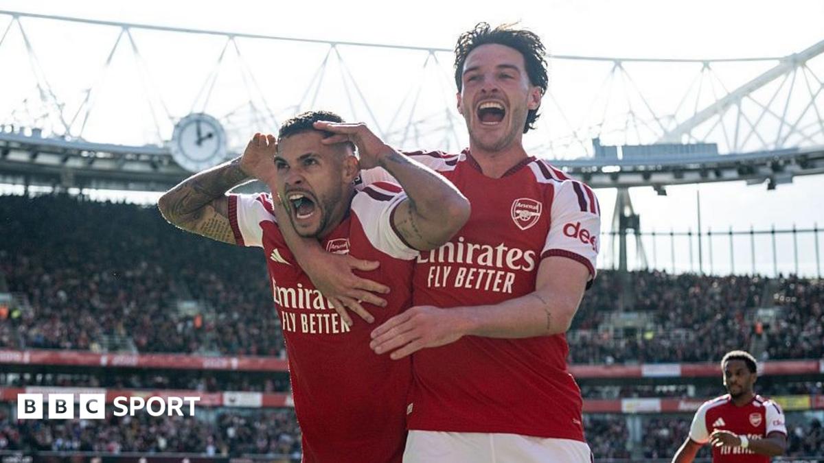 Bruno Guimaraes and Declan Rice celebrate.